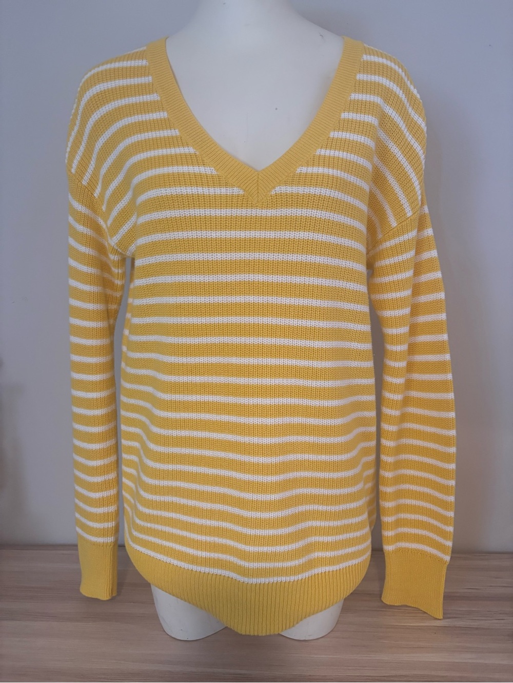Gap Yellow and White Stripe V-Neck Women's Sweater